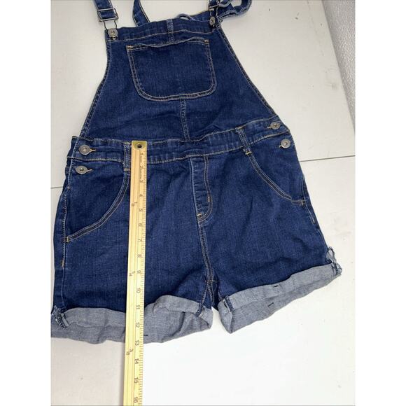 ModCloth Denim Shortall Overall Shorts Womens Medium Blue Stretch Cuffed Bibs E1 - Picture 9 of 13